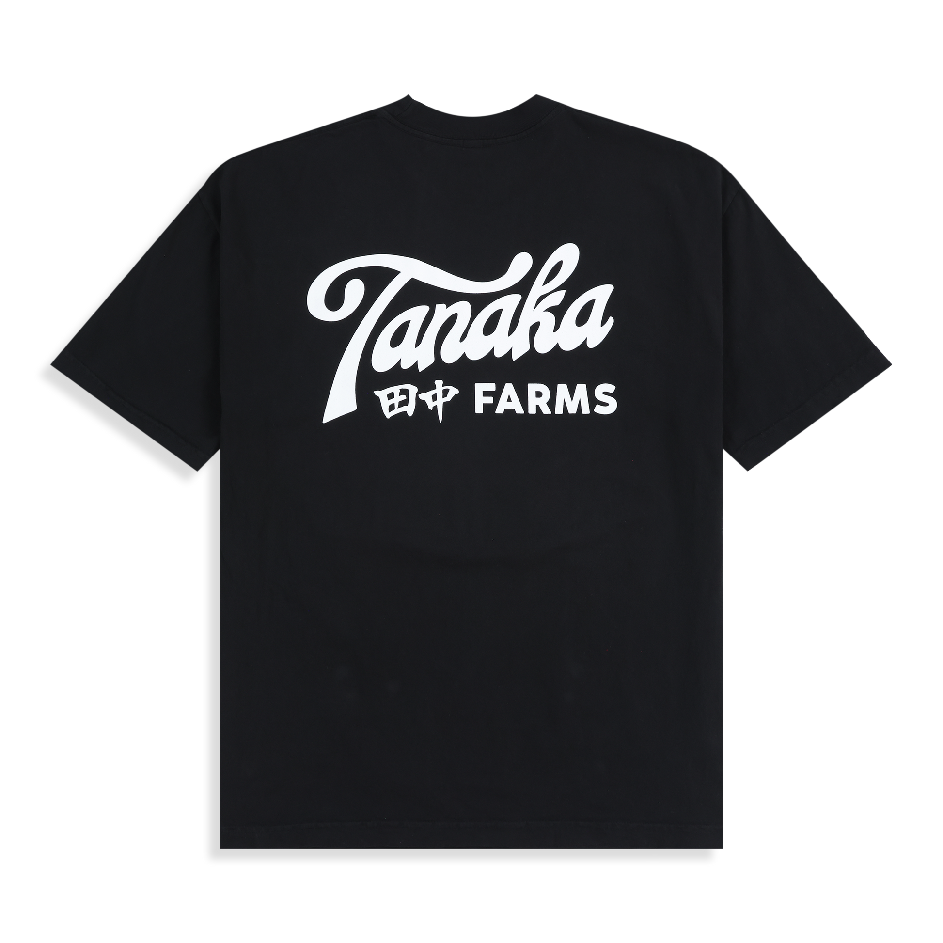 Black t-shirt with 'Tanaka Farms' logo on a white background
